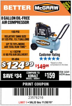 Harbor Freight Coupon MCGRAW 8 GALLON OIL-FREE AIR COMPRESSOR Lot No. 56269/64294 Expired: 11/30/19 - $124.99
