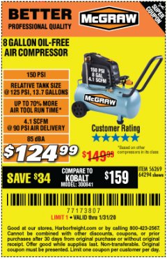 Harbor Freight Coupon MCGRAW 8 GALLON OIL-FREE AIR COMPRESSOR Lot No. 56269/64294 Expired: 1/31/20 - $124.99