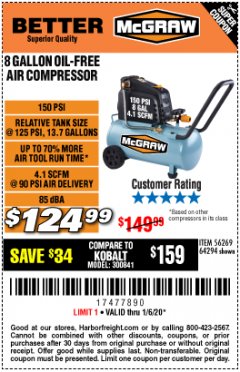 Harbor Freight Coupon MCGRAW 8 GALLON OIL-FREE AIR COMPRESSOR Lot No. 56269/64294 Expired: 1/6/20 - $124.99
