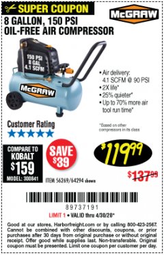 Harbor Freight Coupon MCGRAW 8 GALLON OIL-FREE AIR COMPRESSOR Lot No. 56269/64294 Expired: 6/30/20 - $119.99