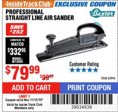 Harbor Freight ITC Coupon PROFESSIONAL STRAIGHT LINE AIR SANDER Lot No. 63994 Expired: 11/12/19 - $79.99