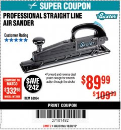 Harbor Freight Coupon PROFESSIONAL STRAIGHT LINE AIR SANDER Lot No. 63994 Expired: 10/20/19 - $89.99