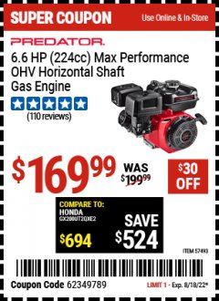 Harbor Freight Coupon ANY PREDATOR GAS ENGINE Lot No. 69733, 69731, 69730, 60363, 69730, 60363, 69730, 60363, 69730, 60363, 60340, 60349, 69736, 62879, 61614 Expired: 8/18/22 - $169.99