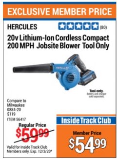 Harbor Freight ITC Coupon 20 VOLT CORDLESS COMPACT JOBSITE BLOWER Lot No. 56417 Expired: 12/3/20 - $54.99