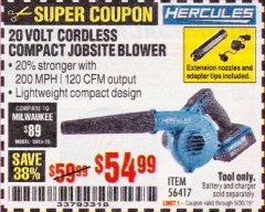Harbor Freight Coupon 20 VOLT CORDLESS COMPACT JOBSITE BLOWER Lot No. 56417 Expired: 9/30/19 - $54.99