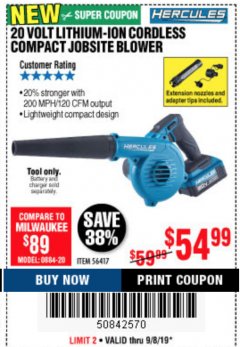 Harbor Freight Coupon 20 VOLT CORDLESS COMPACT JOBSITE BLOWER Lot No. 56417 Expired: 9/8/19 - $54.99