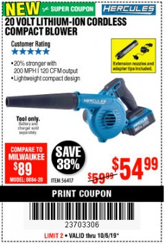 Harbor Freight Coupon 20 VOLT CORDLESS COMPACT JOBSITE BLOWER Lot No. 56417 Expired: 10/6/19 - $54.99