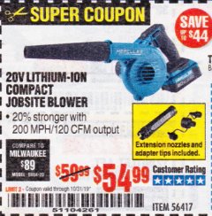 Harbor Freight Coupon 20 VOLT CORDLESS COMPACT JOBSITE BLOWER Lot No. 56417 Expired: 10/31/19 - $54.99
