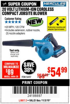 Harbor Freight Coupon 20 VOLT CORDLESS COMPACT JOBSITE BLOWER Lot No. 56417 Expired: 11/3/19 - $54.99