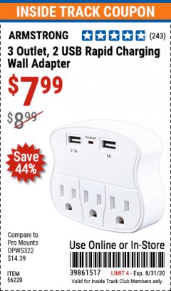 Harbor Freight ITC Coupon 3 OUTLET 2 USB WALL ADAPTER Lot No. 56220 Expired: 8/31/20 - $7.99