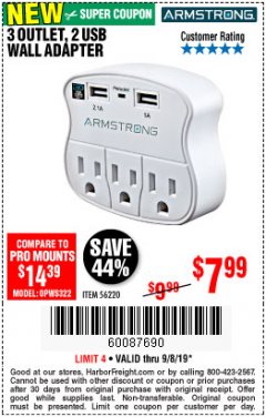 Harbor Freight Coupon 3 OUTLET 2 USB WALL ADAPTER Lot No. 56220 Expired: 9/8/19 - $7.99