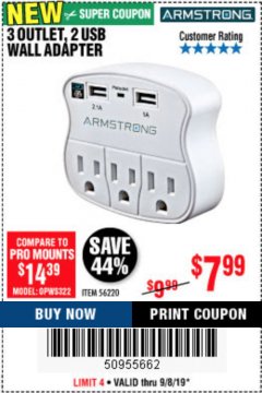 Harbor Freight Coupon 3 OUTLET 2 USB WALL ADAPTER Lot No. 56220 Expired: 9/8/19 - $7.99