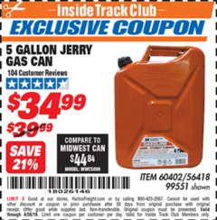 Harbor Freight ITC Coupon 5 GALLON JERRY CAN Lot No. 60402/99551 Expired: 4/30/19 - $34.99