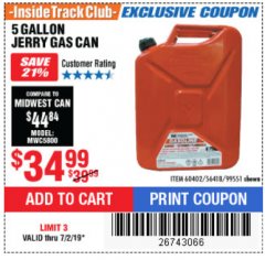 Harbor Freight ITC Coupon 5 GALLON JERRY CAN Lot No. 60402/99551 Expired: 7/2/19 - $34.99