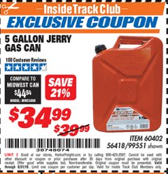 Harbor Freight ITC Coupon 5 GALLON JERRY CAN Lot No. 60402/99551 Expired: 8/31/19 - $34.99