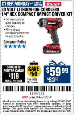 Harbor Freight Coupon 20 VOLT LITHIUM CORDLESS 1/4" HEX COMPACT IMPACT DRIVER KIT Lot No. 64755/63528 Expired: 12/1/19 - $59.99