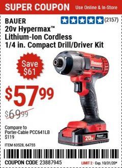 Harbor Freight Coupon 20 VOLT LITHIUM CORDLESS 1/4" HEX COMPACT IMPACT DRIVER KIT Lot No. 64755/63528 Expired: 9/28/20 - $57.99