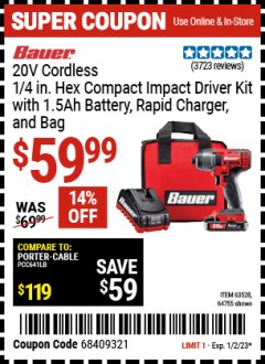 Harbor Freight Coupon 20 VOLT LITHIUM CORDLESS 1/4" HEX COMPACT IMPACT DRIVER KIT Lot No. 64755/63528 Expired: 1/2/23 - $59.99