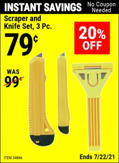 Harbor Freight Coupon 3 PIECE SCRAPER AND KNIFE SET Lot No. 34866 Expired: 7/22/21 - $0.79