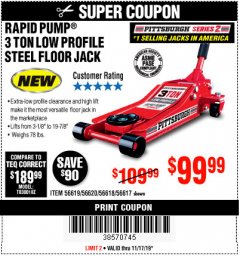Harbor Freight Coupon RAPID PUMP 3 TON STEEL HEAVY DUTY LOW PROFILE FLOOR JACK Lot No. 56618/56619/56620/56617 Expired: 11/17/19 - $99.99