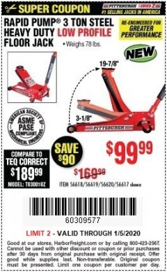 Harbor Freight Coupon RAPID PUMP 3 TON STEEL HEAVY DUTY LOW PROFILE FLOOR JACK Lot No. 56618/56619/56620/56617 Expired: 1/5/20 - $99.99