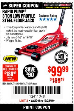 Harbor Freight Coupon RAPID PUMP 3 TON STEEL HEAVY DUTY LOW PROFILE FLOOR JACK Lot No. 56618/56619/56620/56617 Expired: 12/22/19 - $99.99