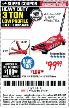 Harbor Freight Coupon RAPID PUMP 3 TON STEEL HEAVY DUTY LOW PROFILE FLOOR JACK Lot No. 56618/56619/56620/56617 Expired: 2/7/20 - $99.99