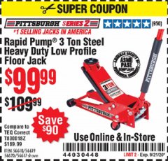 Harbor Freight Coupon RAPID PUMP 3 TON STEEL HEAVY DUTY LOW PROFILE FLOOR JACK Lot No. 56618/56619/56620/56617 Expired: 9/21/20 - $99.99