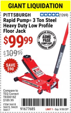 Harbor Freight Coupon RAPID PUMP 3 TON STEEL HEAVY DUTY LOW PROFILE FLOOR JACK Lot No. 56618/56619/56620/56617 Expired: 9/30/20 - $99.99