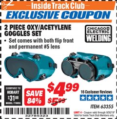 Harbor Freight ITC Coupon 2 PIECE OXY/ACETYLENE GOGGLES SET Lot No. 63355 Expired: 9/30/19 - $4.99