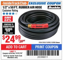 Harbor Freight ITC Coupon 1/2" X 50 FT. INDUSTRIAL GRADE RUBBER AIR HOSE Lot No. 30267; 62882; 62888 Expired: 12/31/19 - $24.99