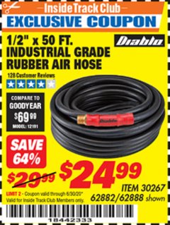 Harbor Freight ITC Coupon 1/2" X 50 FT. INDUSTRIAL GRADE RUBBER AIR HOSE Lot No. 30267; 62882; 62888 Expired: 6/30/20 - $24.99
