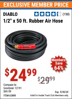 Harbor Freight ITC Coupon 1/2" X 50 FT. INDUSTRIAL GRADE RUBBER AIR HOSE Lot No. 30267; 62882; 62888 Expired: 9/30/20 - $24.99