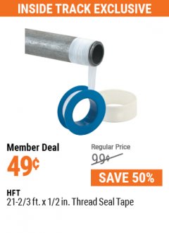 Harbor Freight ITC Coupon 1/2" X 21-2/3" FT. PLUMBER'S THREAD SEAL TAPE Lot No. 39625, 61376, 63944 Expired: 7/29/21 - $0.49