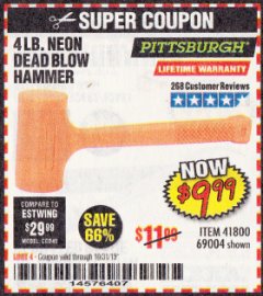 Harbor Freight Coupon 4LB DEAD BLOW HAMMER Lot No. 41800, 69004 Expired: 10/31/19 - $9.99