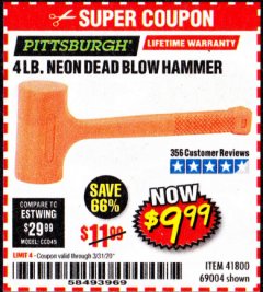 Harbor Freight Coupon 4LB DEAD BLOW HAMMER Lot No. 41800, 69004 Expired: 3/31/20 - $9.99