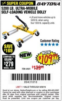 Harbor Freight Coupon 5200 LB. ULTRA-MOBILE SELF-LOADING VEHICLE DOLLY Lot No. 64601 Expired: 9/30/19 - $109.99