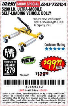 Harbor Freight Coupon 5200 LB. ULTRA-MOBILE SELF-LOADING VEHICLE DOLLY Lot No. 64601 Expired: 11/24/19 - $99.99