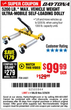 Harbor Freight Coupon 5200 LB. ULTRA-MOBILE SELF-LOADING VEHICLE DOLLY Lot No. 64601 Expired: 3/29/20 - $99.99