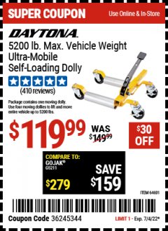 Harbor Freight Coupon 5200 LB. ULTRA-MOBILE SELF-LOADING VEHICLE DOLLY Lot No. 64601 Expired: 7/4/22 - $119.99