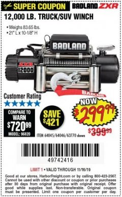 Harbor Freight Coupon 12,000 LB. TRUCK/SUV WINCH Lot No. 64045/64046/63770 Expired: 11/16/19 - $299.99