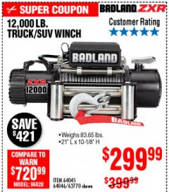 Harbor Freight Coupon 12,000 LB. TRUCK/SUV WINCH Lot No. 64045/64046/63770 Expired: 10/4/19 - $299.99