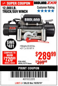 Harbor Freight Coupon 12,000 LB. TRUCK/SUV WINCH Lot No. 64045/64046/63770 Expired: 10/20/19 - $289.99