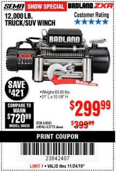 Harbor Freight Coupon 12,000 LB. TRUCK/SUV WINCH Lot No. 64045/64046/63770 Expired: 11/24/19 - $299.99