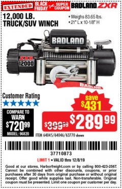 Harbor Freight Coupon 12,000 LB. TRUCK/SUV WINCH Lot No. 64045/64046/63770 Expired: 12/8/19 - $289.99