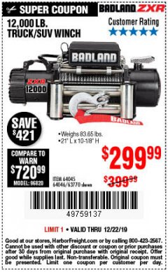Harbor Freight Coupon 12,000 LB. TRUCK/SUV WINCH Lot No. 64045/64046/63770 Expired: 12/22/19 - $299.99