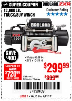 Harbor Freight Coupon 12,000 LB. TRUCK/SUV WINCH Lot No. 64045/64046/63770 Expired: 7/21/19 - $299.99