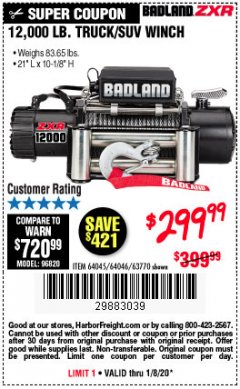 Harbor Freight Coupon 12,000 LB. TRUCK/SUV WINCH Lot No. 64045/64046/63770 Expired: 1/8/20 - $299.99