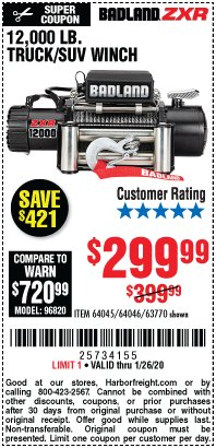 Harbor Freight Coupon 12,000 LB. TRUCK/SUV WINCH Lot No. 64045/64046/63770 Expired: 1/26/20 - $299.99