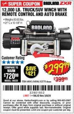Harbor Freight Coupon 12,000 LB. TRUCK/SUV WINCH Lot No. 64045/64046/63770 Expired: 2/8/20 - $299.99
